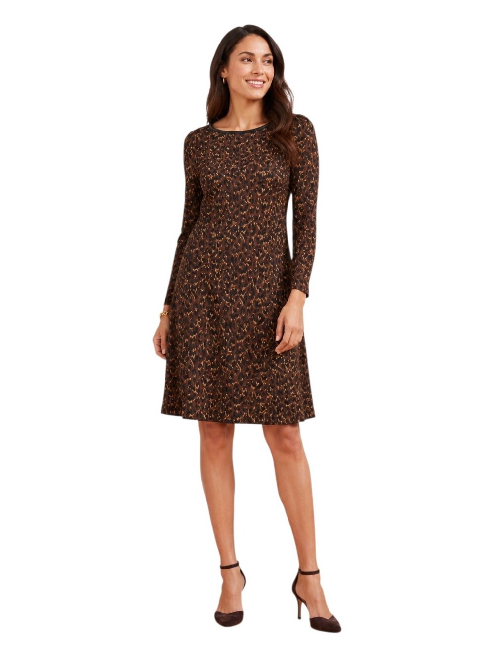 NEW Talbots Leopard Print A-Line 3/4 Sleeve Faux Leather Trim Dress